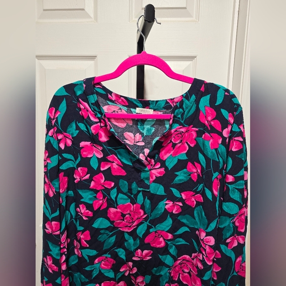 Talbots Navy Blue Floral Pink and Green Women's Top Blouse - Picture 2 of 11